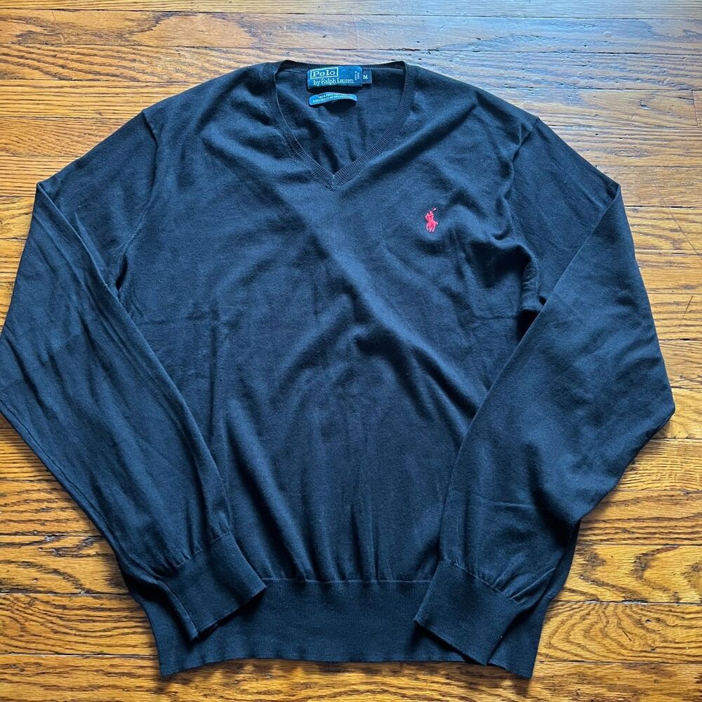 Polo Ralph Lauren Men's M Black Pima Cotton V-Neck Sweater Red Logo Knit Top